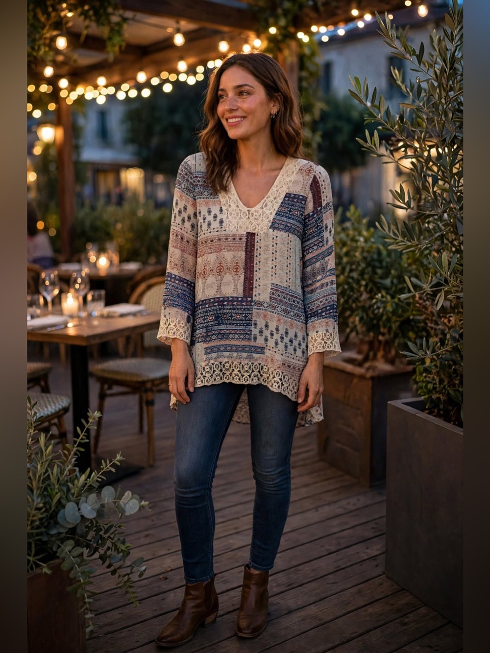 About A Girl Cream Boho Patchwork Tunic with Navy and Rust Accents and Lace